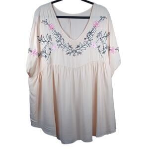 Emery Rose Plus Size 4XL Peach Floral Embroidered Babydoll Top V Neck Boho